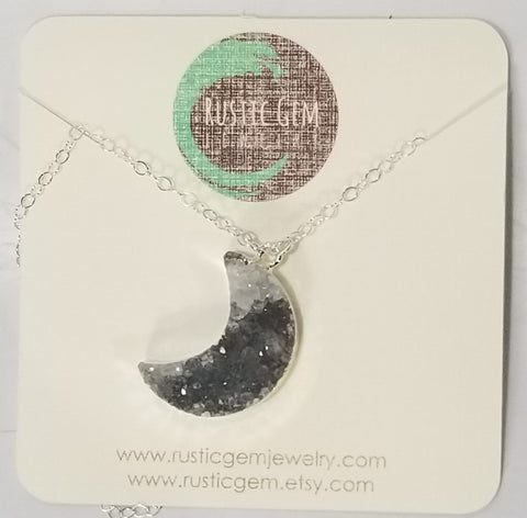 Moon Shaped Silver Druzy Necklace